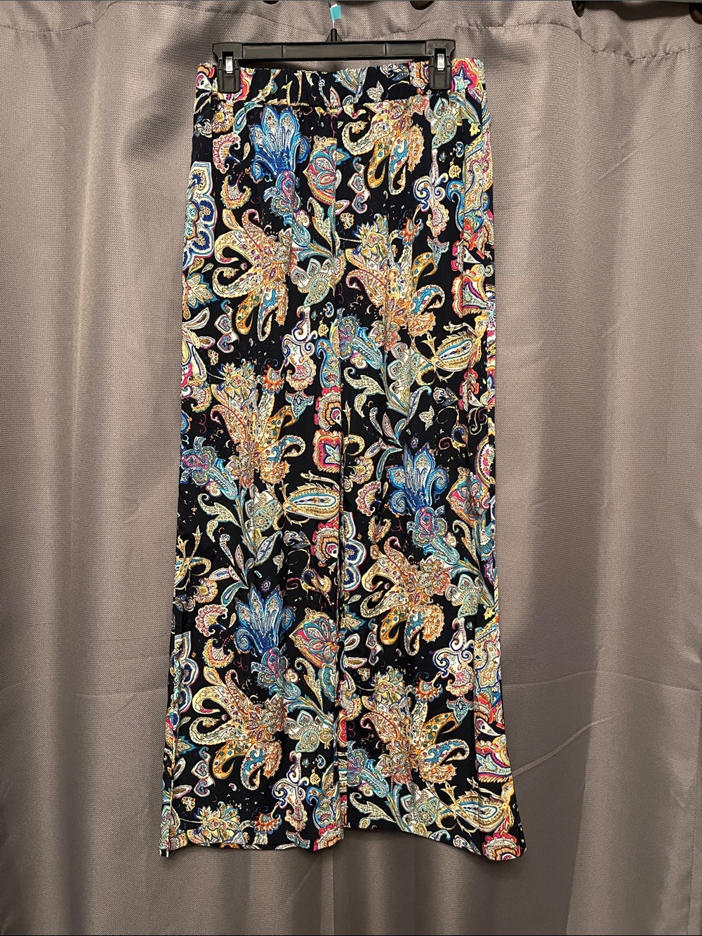 Black Paisley Wide-Leg Pants with Multicolor Print